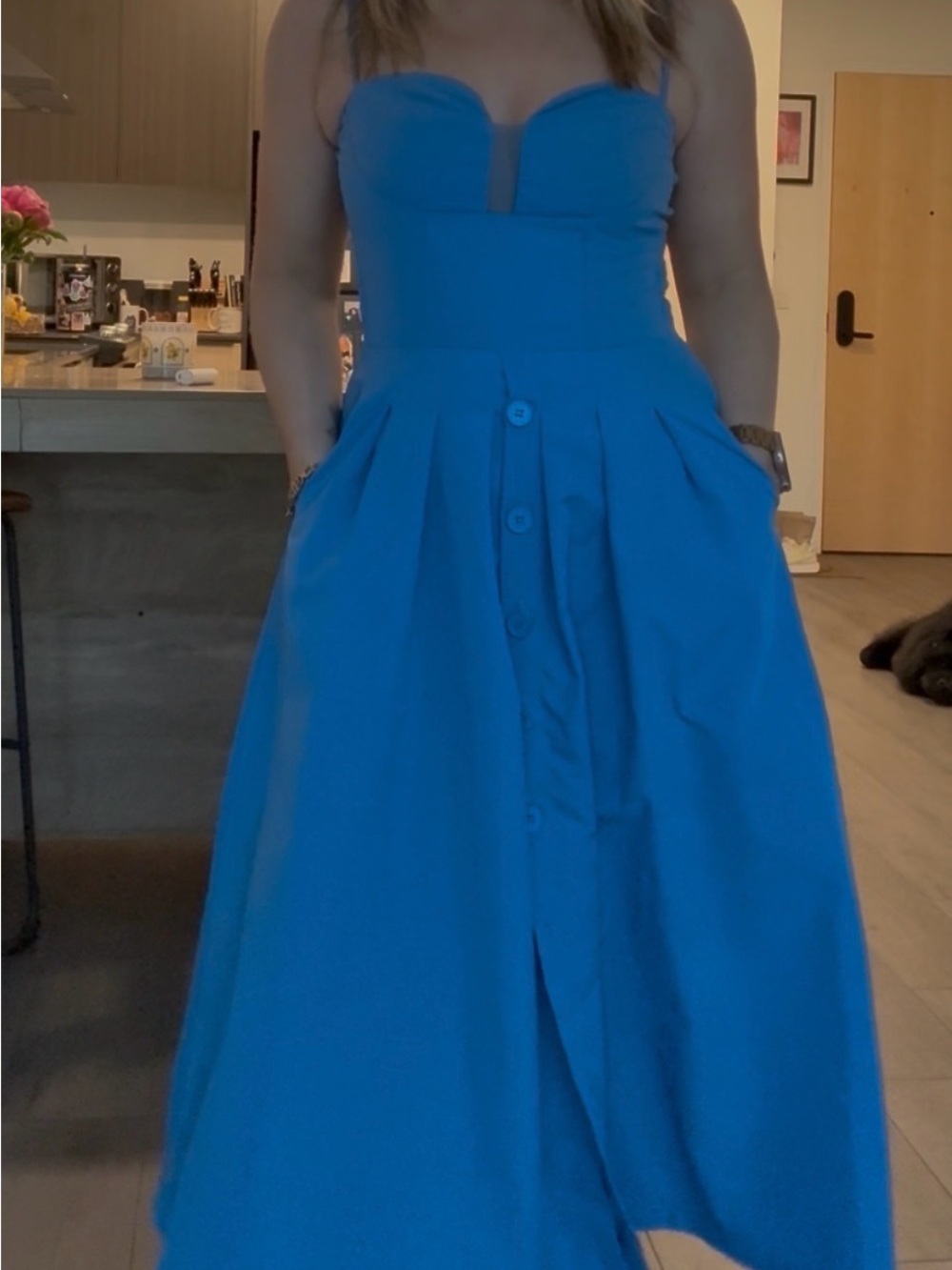 Blue spaghetti Strap Button-Front Midi Dress